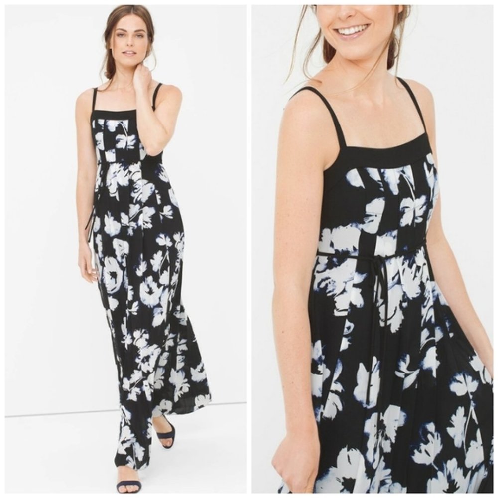 WHBM Floral Pleated Black Cami Maxi Summer Dress